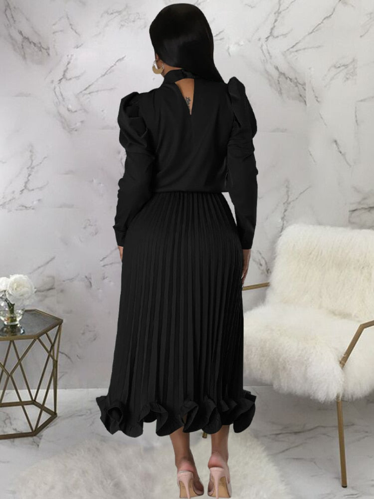 High Waist Pleated Ruffled Skirt with Long Sleeve Mock Neck Blouses