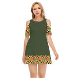 Kente Style Shoulder Cotton Dress - Green
