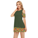 Kente Style Shoulder Cotton Dress - Green