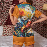 Colorful Floral Women's Imitation Silk Pajama Set With Short Sleeve