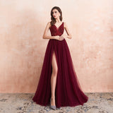 Sexy Long Beaded Split A-Line V-Neck Special Occasion Evening Party Gown