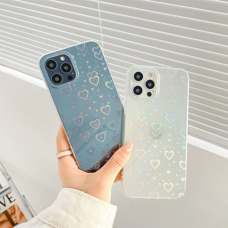 Fashion Gradient Laser Love Heart Pattern Clear Phone Case For iPhone 11 13 12 Pro Max X XS XR 7 8 Plus SE 2020 Shockproof Back