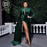 Sexy Vintage Long Sash Suede Green Cutout High Slit Velvet Gown