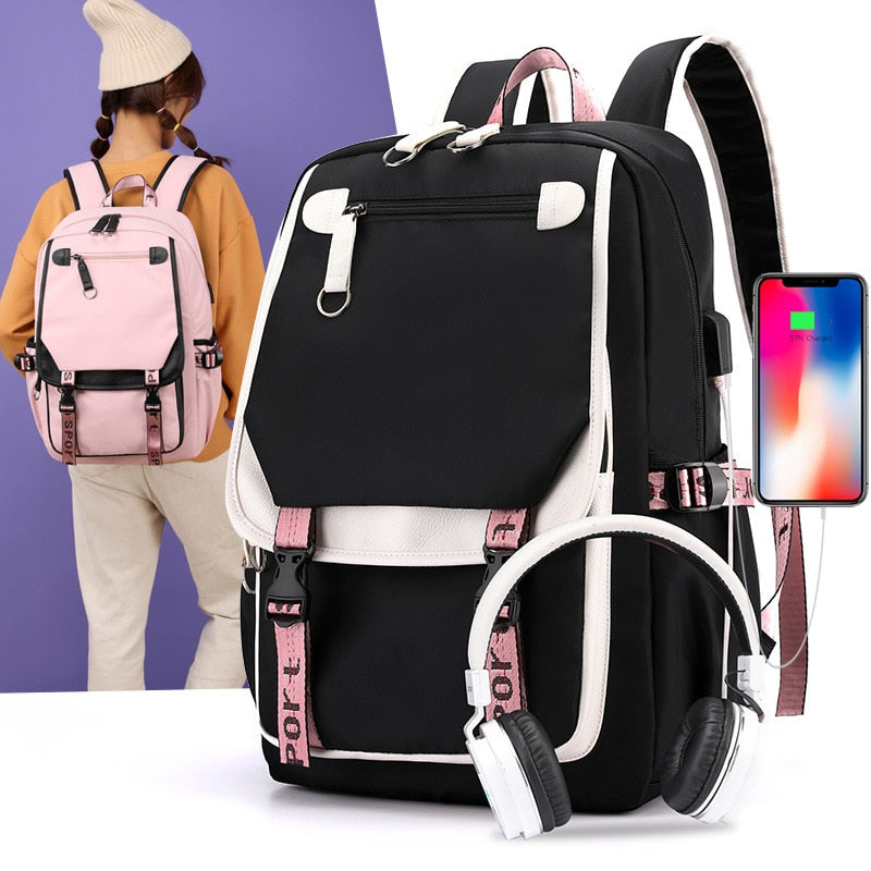 Large Canvas School Backpack for Teenage Girls  with USB Port