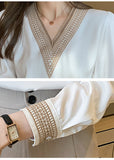 Long Sleeve White Blouse Tops Blouse Women Blusas Mujer De Moda 2021 Embroidery V-Neck Chiffon Blouse Shirt Women Blouses E226