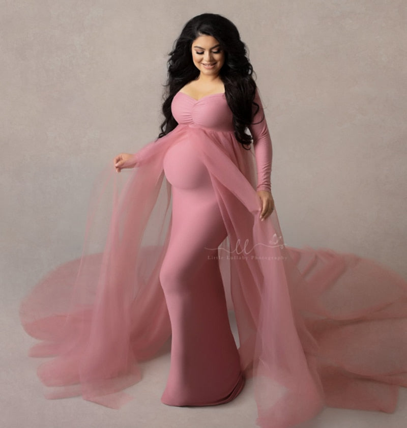 Stretchy Long Maternity Baby Shower Photography Dress with Cape