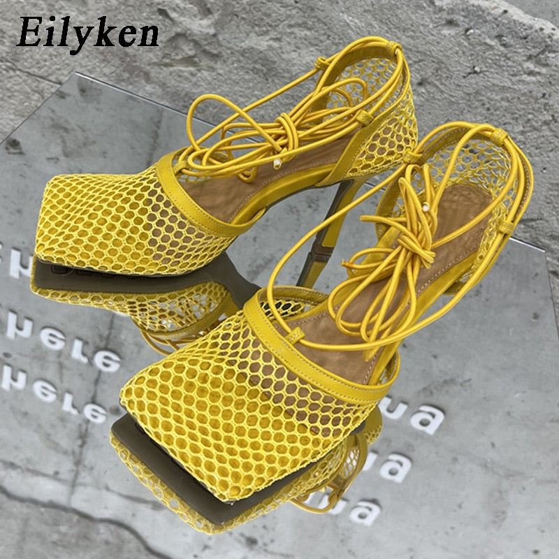 Sexy Yellow Mesh Square Toe High Heel Lace Up Cross-Tied Stiletto