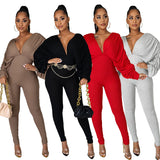 Casual Solid Color bat sleeve V-Neck pleated Jumpsuit