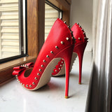 Red Matte Pointy Toe High Heel with Bow Sexy Spikes