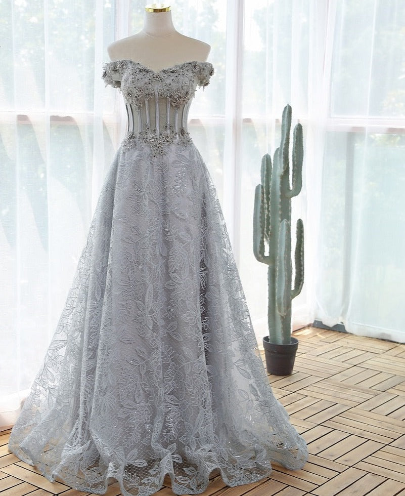 Elegant sequin lace gray flowers Evening dress