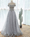 Elegant sequin lace gray flowers Evening dress