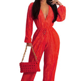Solid Color V Neck Long Sleeve Going Out Jumpsuit
