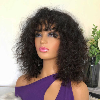 180% Full Machine Brazilian Remy Human Hair Ombre Two Tone Brown Bob Curly Wig With Bangs