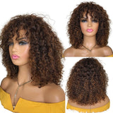 180% Full Machine Brazilian Remy Human Hair Ombre Two Tone Brown Bob Curly Wig With Bangs