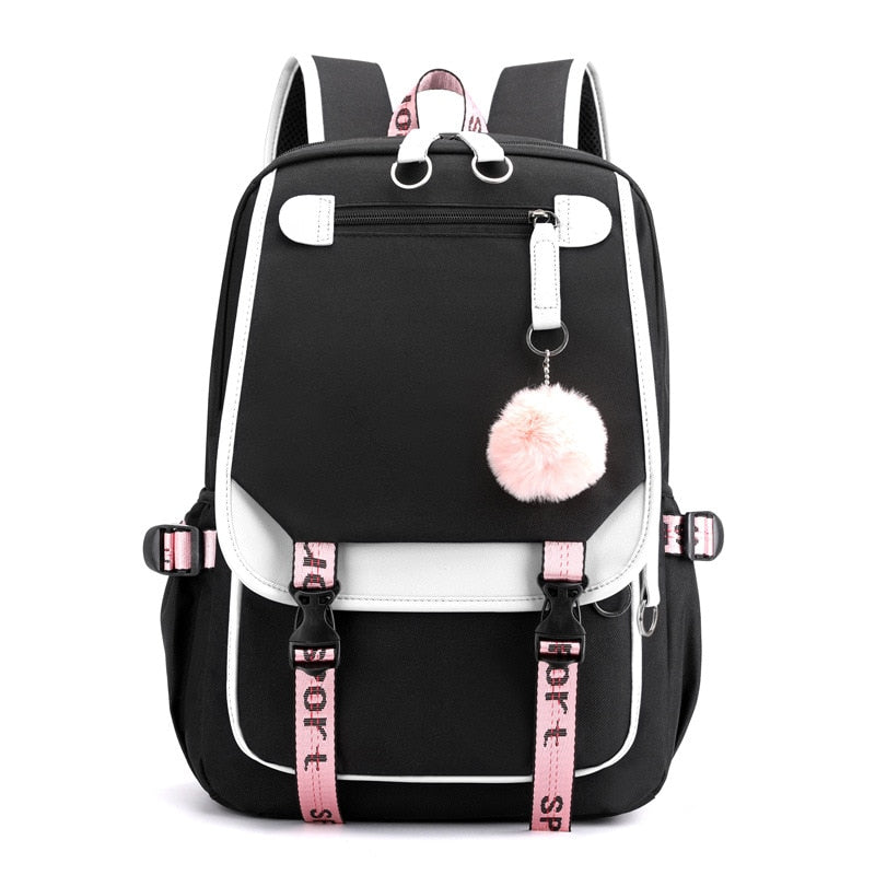 Large Canvas School Backpack for Teenage Girls  with USB Port