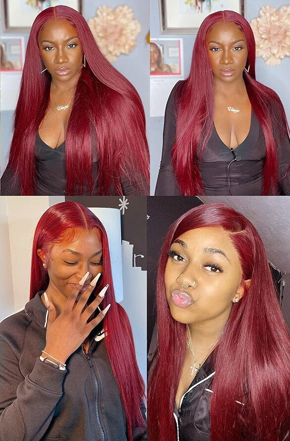 Burgundy 13x4 HD Transparent Lace Front Human Hair Wigs 99J Straight Lace Frontal Wig Pre Plucked Remy Hair