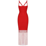 Sexy Spaghetti Strap Lace Up Embroidery  Bodycon Dress with Tassel