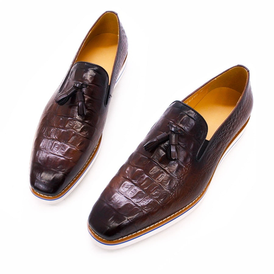 Genuine Leather Flat Tassel Crocodile Pattern Leather Shoes