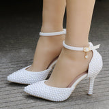 Crystal Queen Pointed Toe White Pearl Wedding Shoes