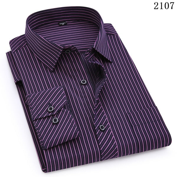 Slim Fit Mens Business Casual Long Sleeved Striped Classic Shirt Plus Large Size 8XL 7XL 6XL 5XL 4XL