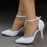 Crystal Queen Pointed Toe White Pearl Wedding Shoes
