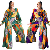 Plus Size Printed V Neck Long Sleeve One Piece Jumpsuit