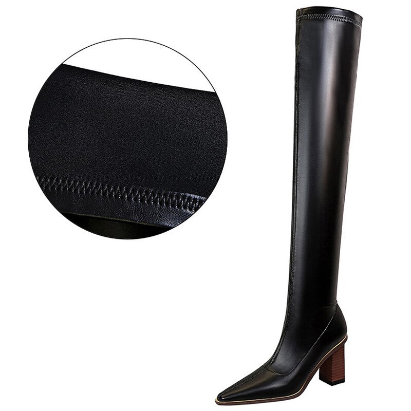 Sexy Pointed Toe Leather Wood Grain Thick Heel Long Over-the-knee Boots