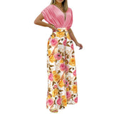 Candy Color Stacked Sleeves Floral Print Wide Leg Women Jumpsuit