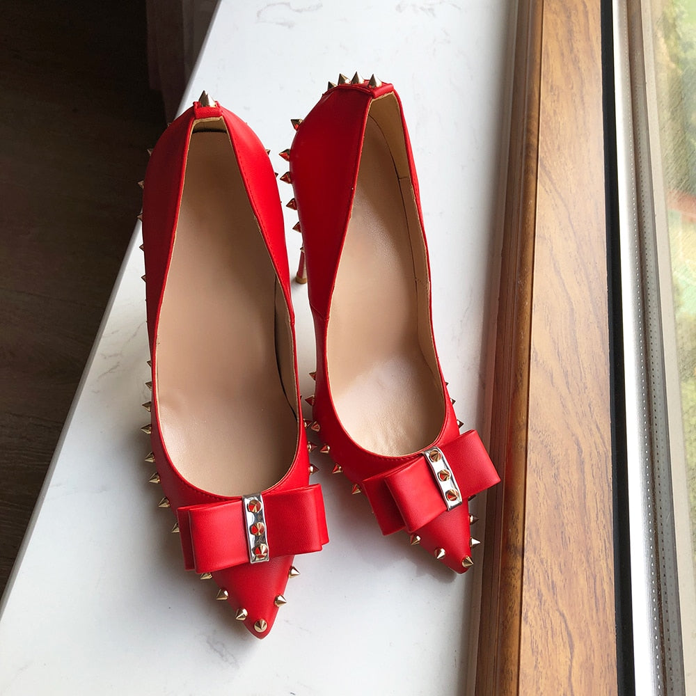Red Matte Pointy Toe High Heel with Bow Sexy Spikes