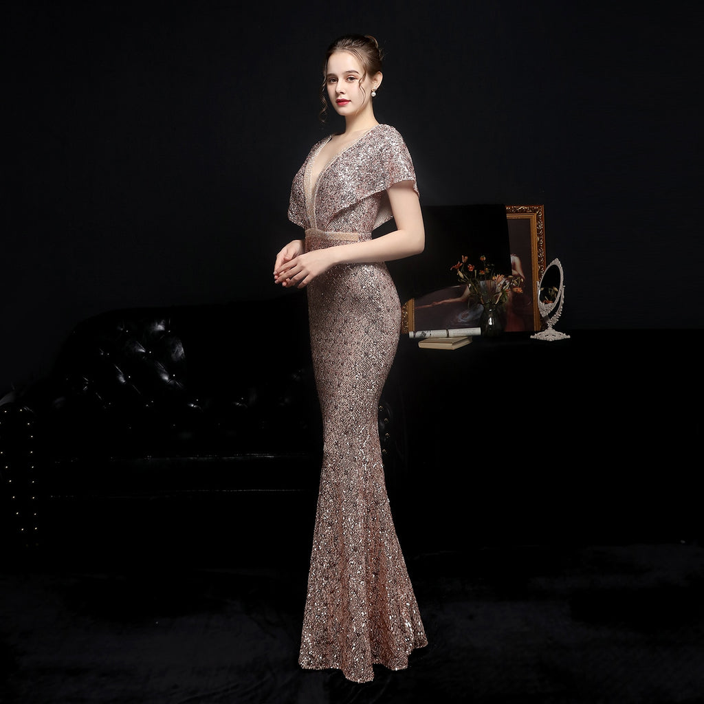 Elegant Gold Sequin with Beads Cap Sleeve Mermaid Party Dress