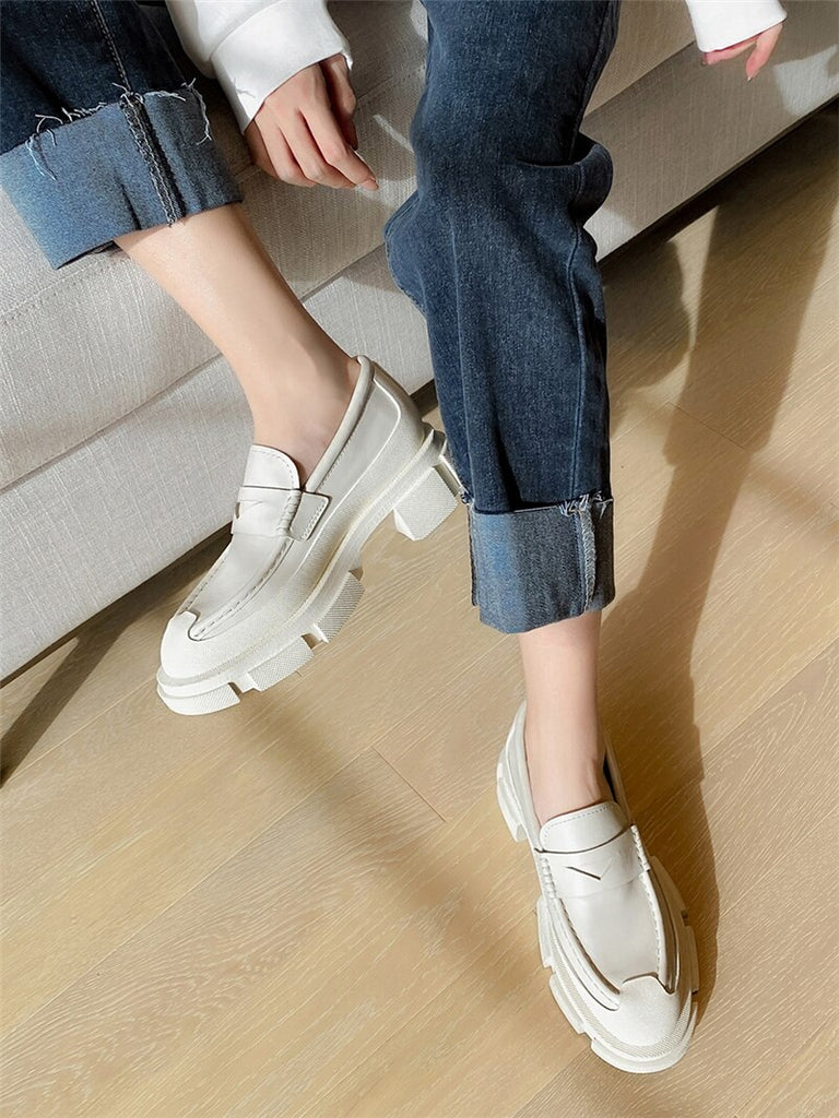 Genuine Leather Thick Heels Round Toe Causal Loafers Women