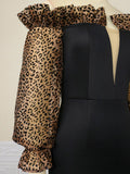 Sexy Deep V Neck Bodycon Leopard Sleeve Midi Dress