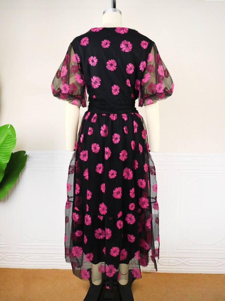 Pink Floral Puffy Short Sleeve Fit Flare Dress