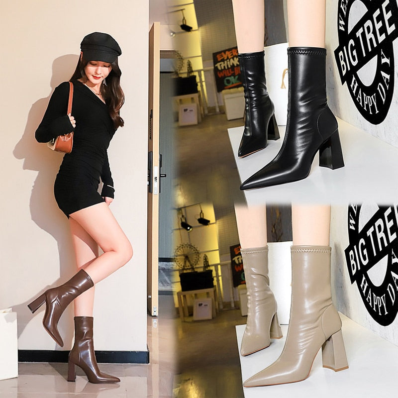 Leather Mid-Calf Chunky Block Pointed High-Heeled Boots