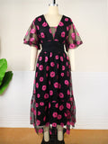 Pink Floral Puffy Short Sleeve Fit Flare Dress