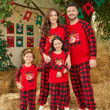 Christmas Family Matching Reindeer Embroidered Plaid Raglan-sleeve Thickened Polar Fleece Pajamas Sets (Flame Resistant）