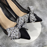 Pearls Bow Matte Gauze Mesh Pointy Toe High Heel Shoe