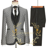 Luxury Latest Designs Plaid Rim Stage Men Suit Stand Collar Mens Wedding Suits Formal Groom Tuxedo Costume Homme 3 Pieces