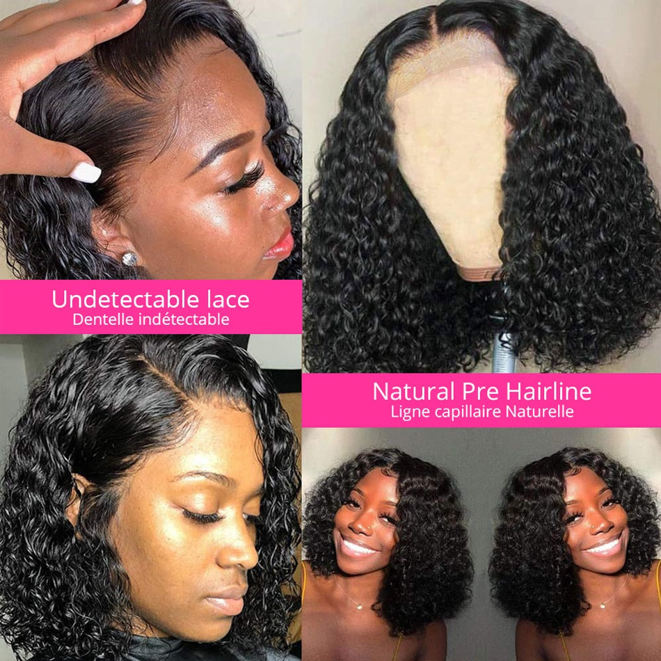 Human Hair Wigs Brazilian Deep Wave Frontal Wig Short Bouncy Jerry Curl Bob Wig PrePlucked Lace Closure Wigs For Women Natural