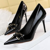 High Quality Patent Leather High Heels Metal Belt Buckle Fashion Women Pumps