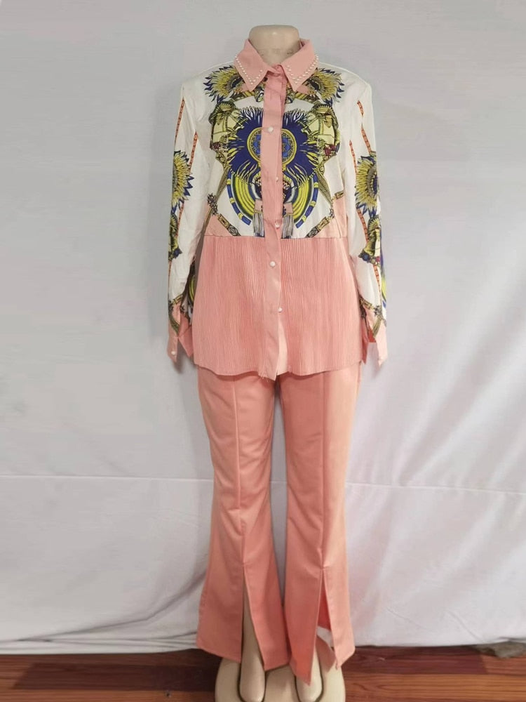 2 Piece Beaded Pleated Print Shirt and Front Slit Flare Pant Outfit