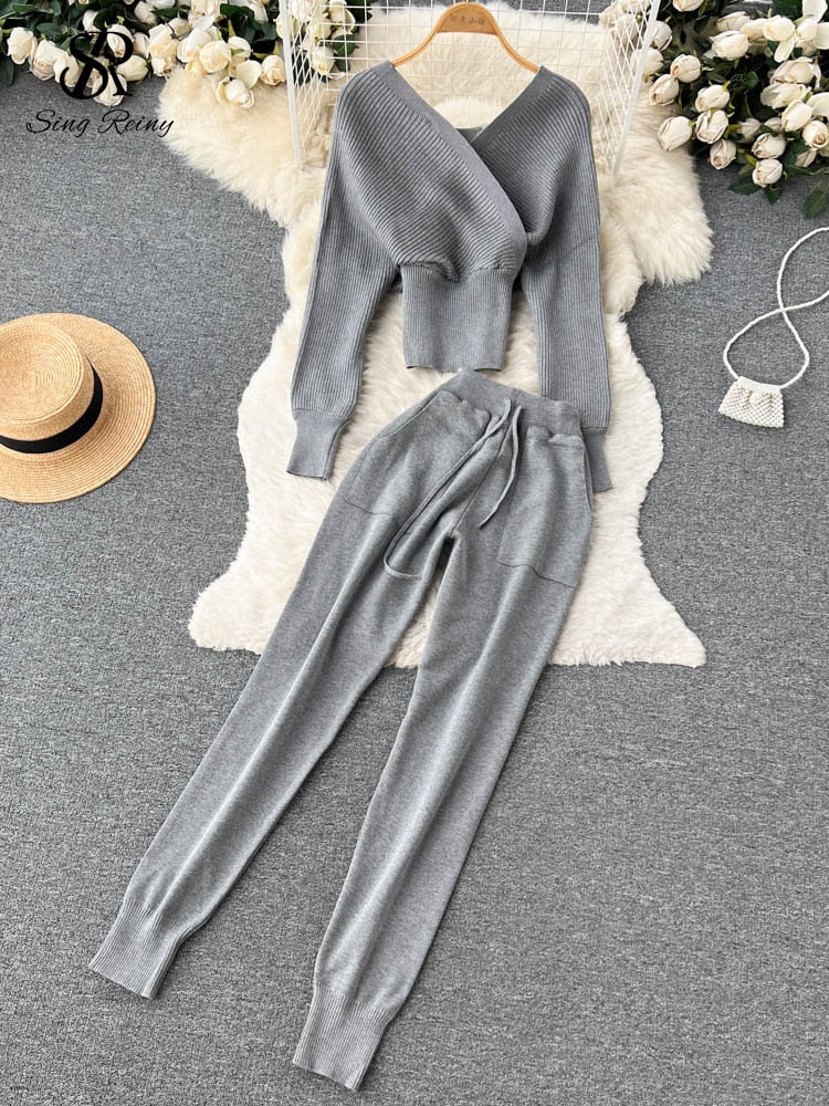 V Neck Long Sleeve Sweater+ Elastic Casual Long Pants Set