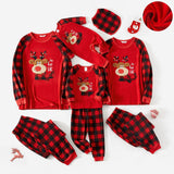 Christmas Family Matching Reindeer Embroidered Plaid Raglan-sleeve Thickened Polar Fleece Pajamas Sets (Flame Resistant）
