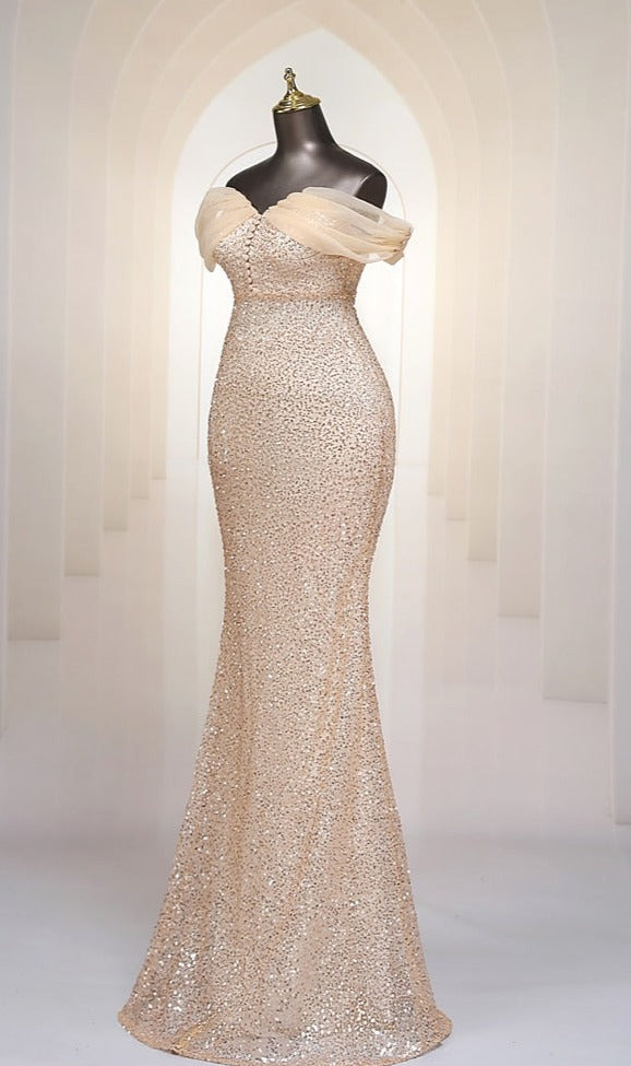 Heavily Beaded Off Shoulder Trumpet Party dress