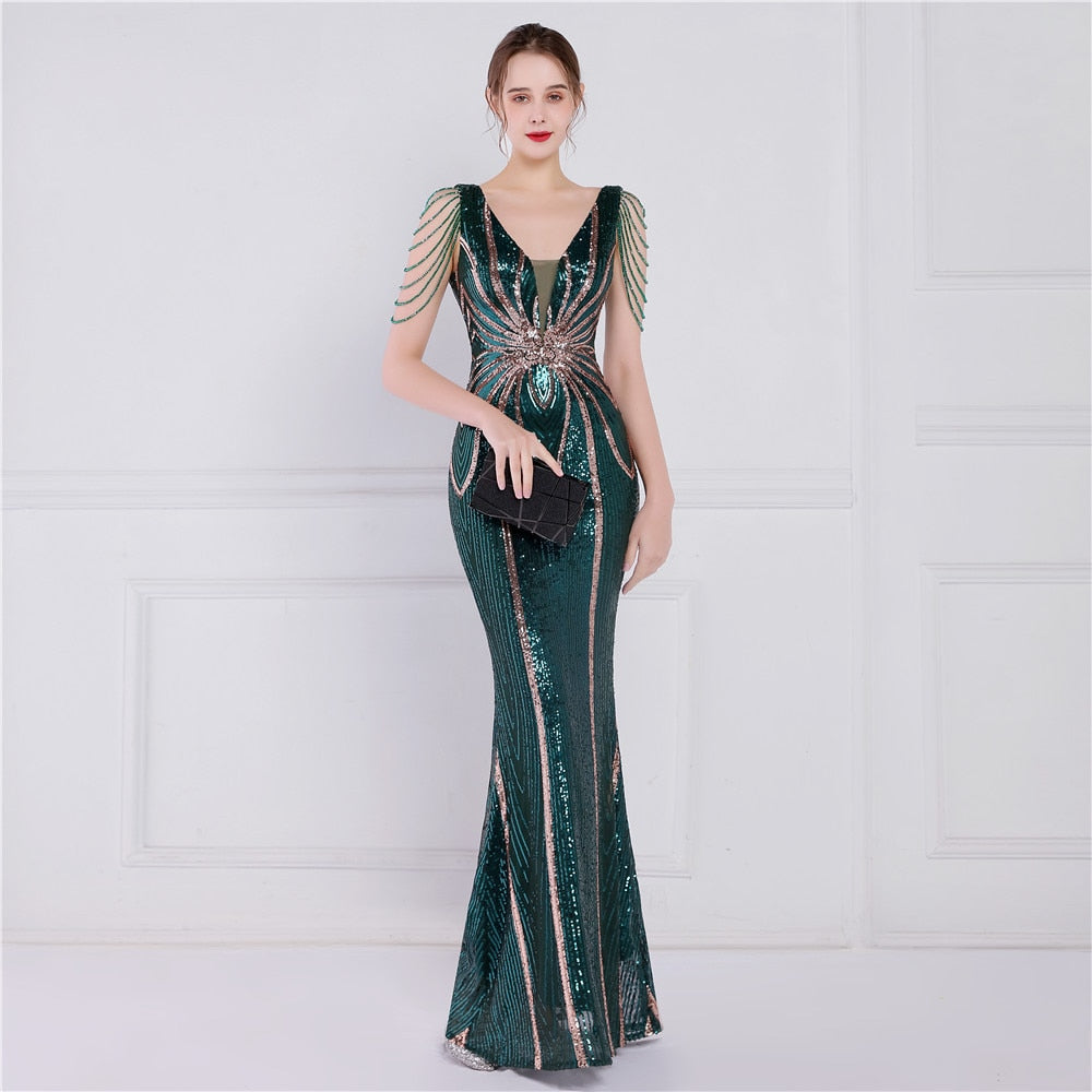 Green Sequin Long Evening Luxury Beading Maxi Dress