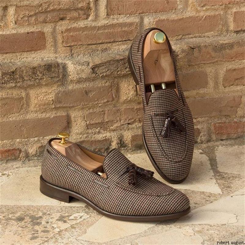 Brown Plaid Tassel Canvas Fashion Casual Loafers
