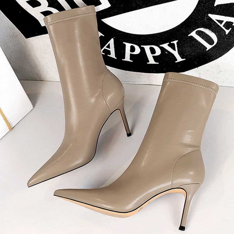 Ankle Leather High Heels Short Boots