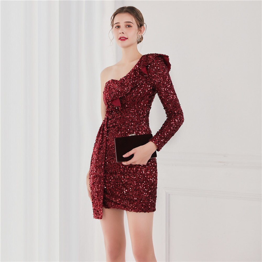 Bodycon One Shoulder Wine Red Sequin Party Dress