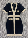 High Quality Women Short Sleeve Sexy V-Neck Bodycon Button Bandage Mini Dress