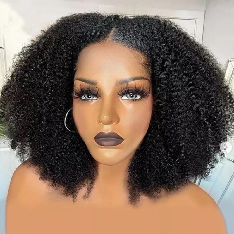 Afro Kinky Curly Wig Human Hair Wigs T Part Transparent Lace Short Curly Bob Wig 200 Density Thick Wigs For Women Preplucked Wig
